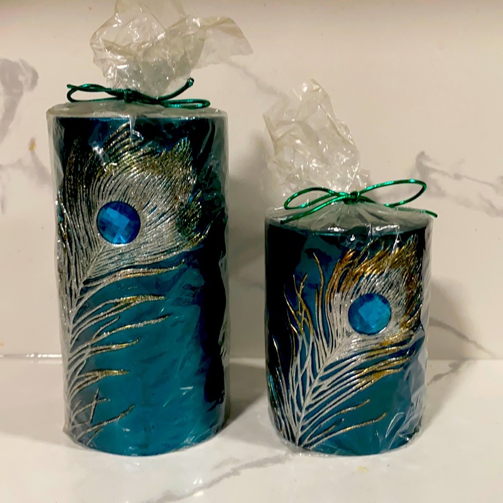 COPY - Teal peacock feather candles